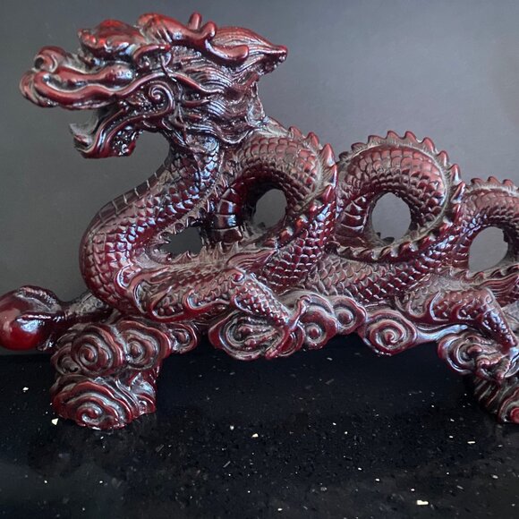Dragon Mythical Feng Shui Pearl Wisdom Power Energy Red Resin Statue 12" - Picture 1 of 3